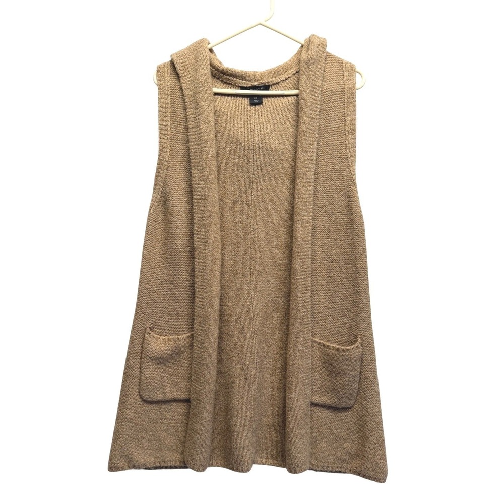 Tahari Sweater Vest Hooded Open Front Pockets Medium Brown Women